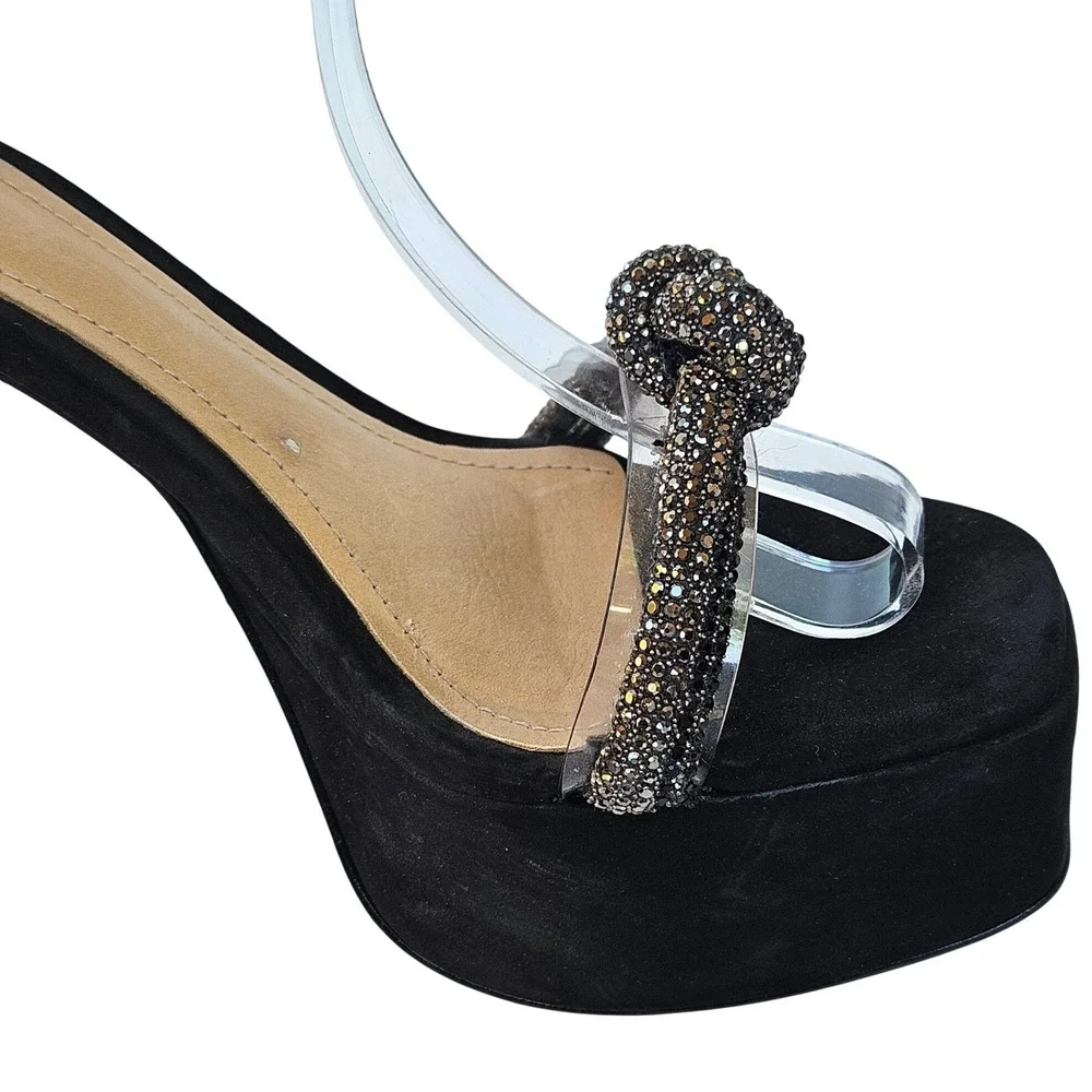 Schutz Peaky Black Suede Rhinestone Transparent Platform Sandal Heels Womens 7.5